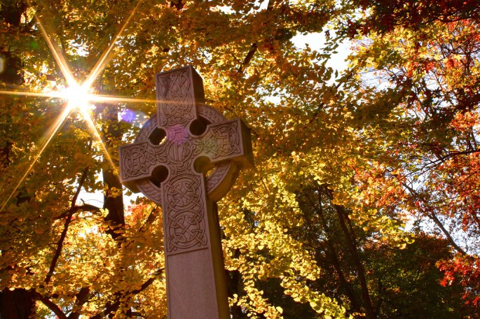 A stone cross engraved with celtic imagery, in front of a golden canopy of leaves with the sun streaming through the leaves.